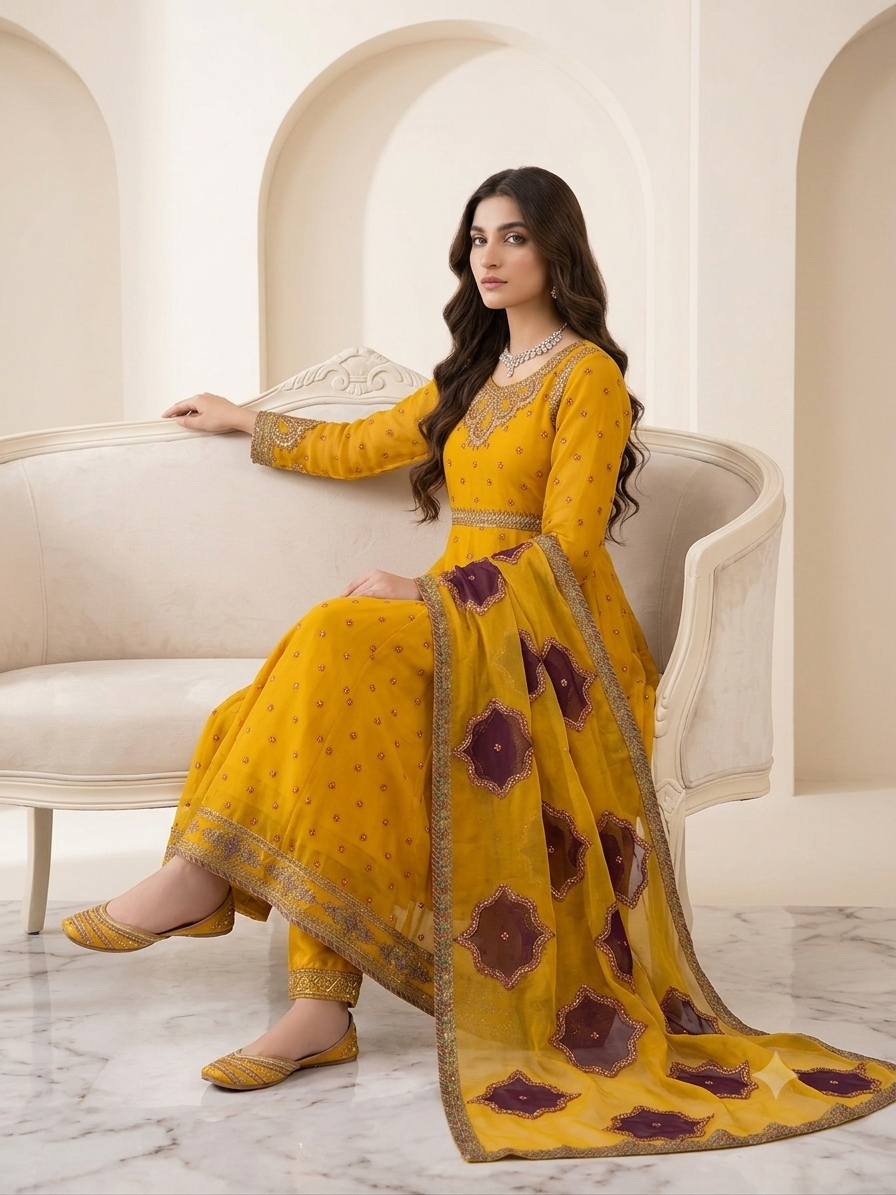 Long Mustard Embroidered Maxi (3pc)- BU10045