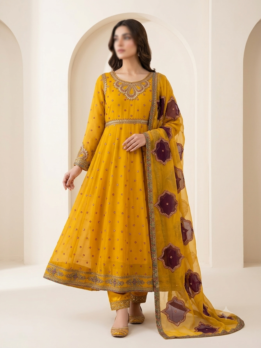 Long Mustard Embroidered Maxi (3pc)- BU10045