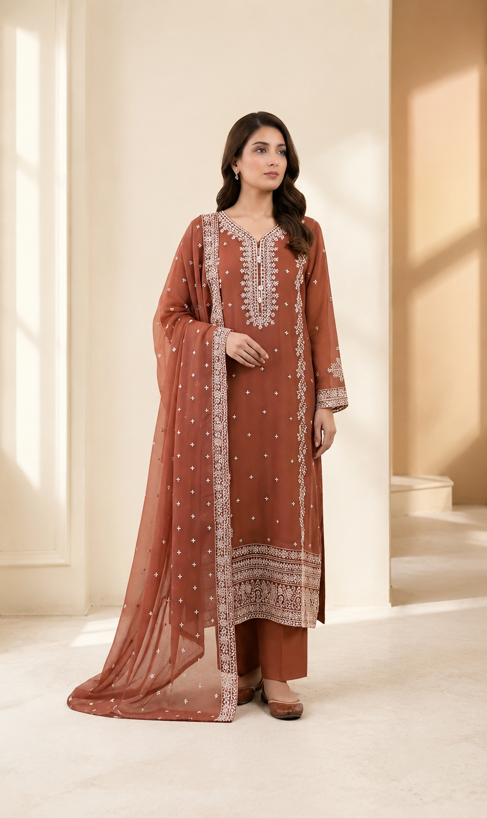 Rust-Brown Embroidered Chiffon (3pc)- BU10018