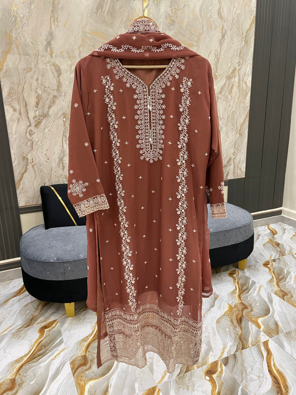 Rust-Brown Embroidered Chiffon (3pc)- BU10018