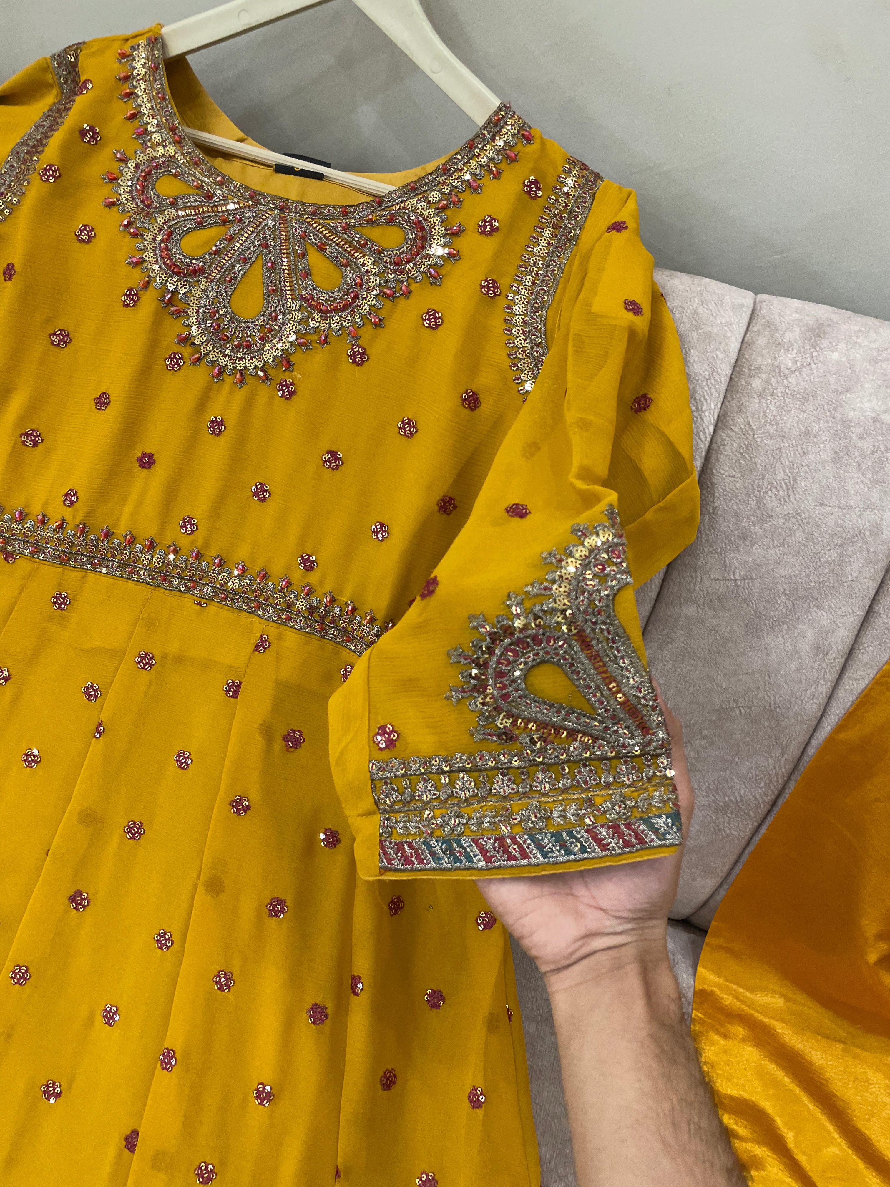 Long Mustard Embroidered Maxi (3pc)- BU10045