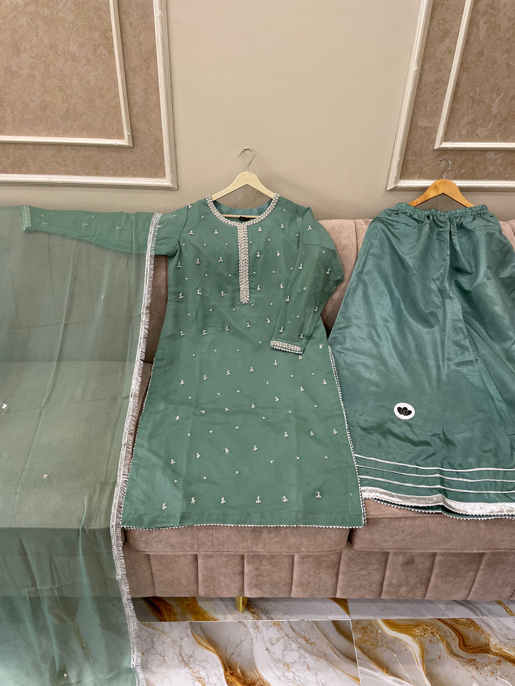Chiffon (3pc) Suit Handcrafted Pearl Work - BU10047