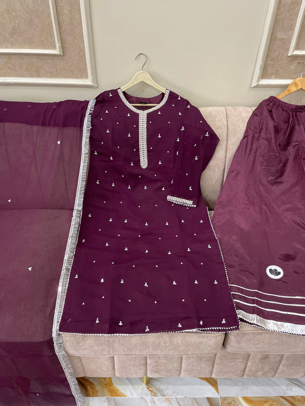 Chiffon (3pc) Suit Handcrafted Pearl Work - BU10047