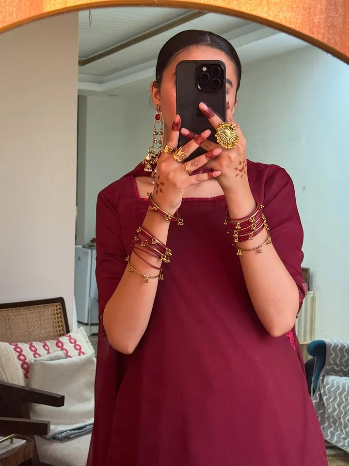 Noor-e-Maroon – 3 Piece Chiffon Dress