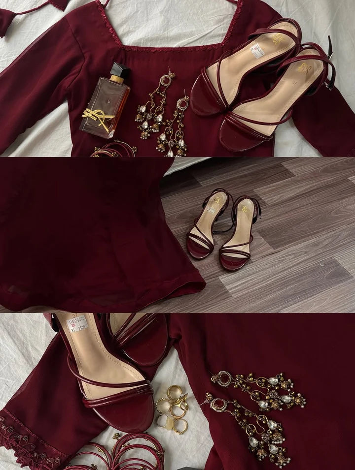 Noor-e-Maroon – 3 Piece Chiffon Dress