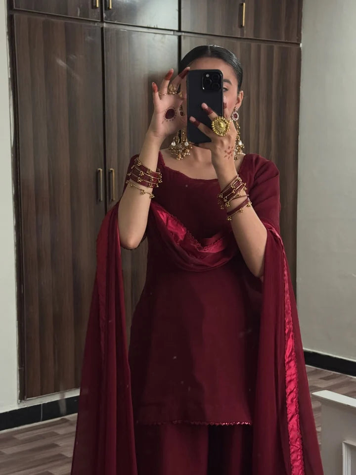 Noor-e-Maroon – 3 Piece Chiffon Dress